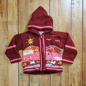 Jharitos arts arpillera sweater 2T handmade Wool red pink cardigan hooded